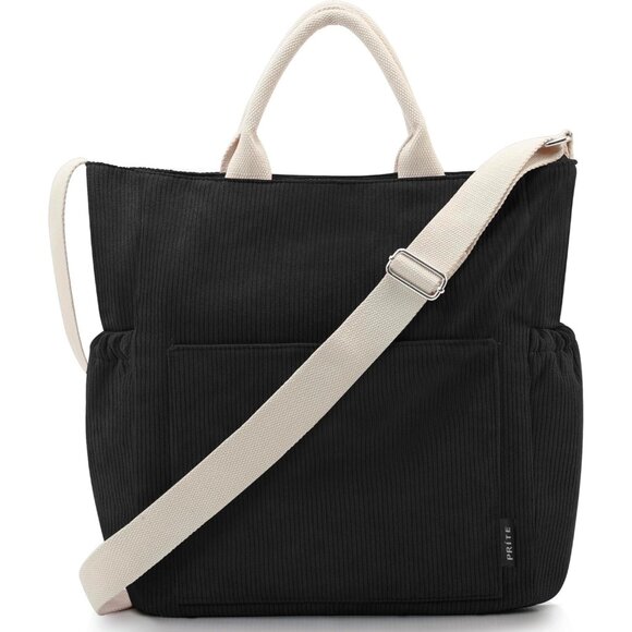 Prite Women Black Corduroy Large Hobo Shoulder Crossbody Tote Bag With Pockets - Picture 1 of 6